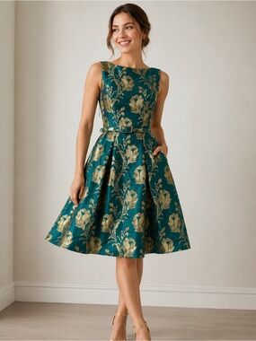 Theia Emerald Green and Gold Floral brocade Fit-and-Flare Midi Dress Size 2